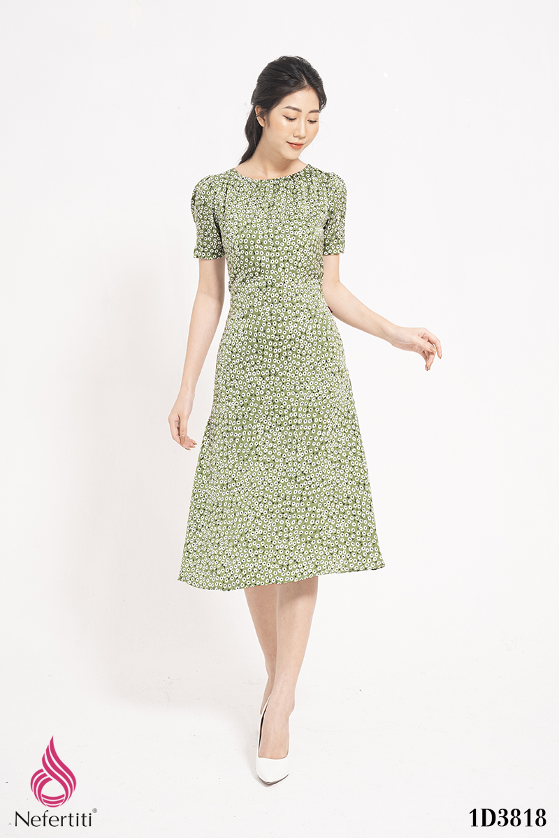 1D3818 - ĐẦM HỌA TIẾT CỔ XẾP LI CÁCH ĐIỆU