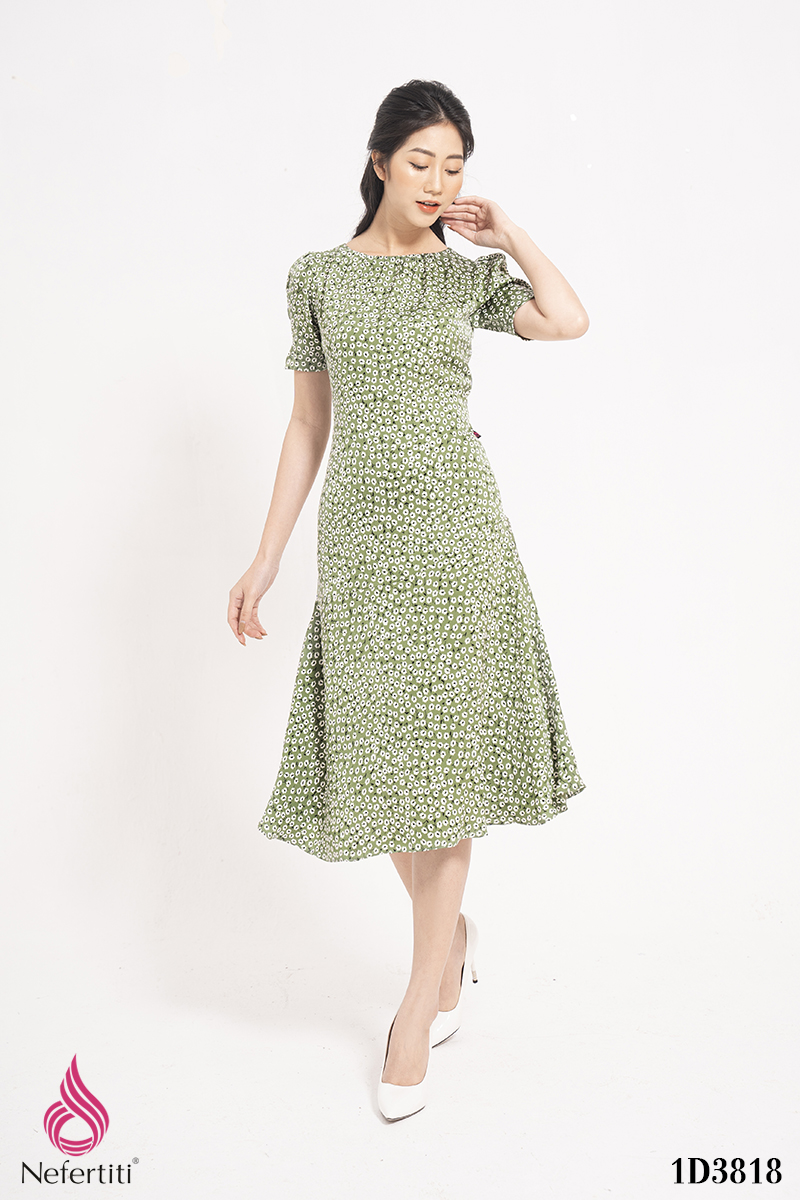 1D3818 - ĐẦM HỌA TIẾT CỔ XẾP LI CÁCH ĐIỆU