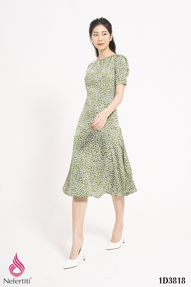 1D3818 - ĐẦM HỌA TIẾT CỔ XẾP LI CÁCH ĐIỆU