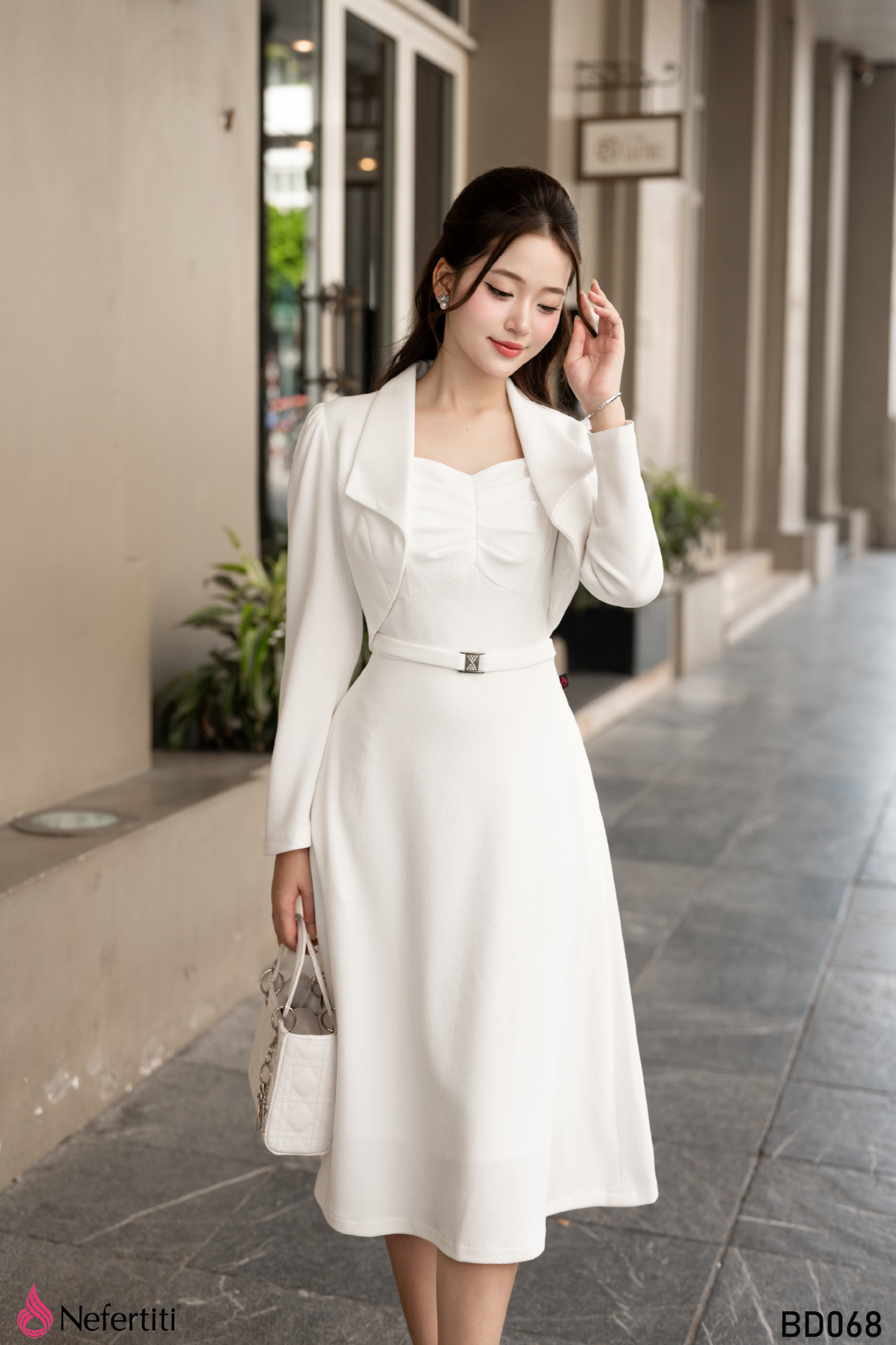 3BD068 - SÉT ĐẦM TRẮNG DÁNG XÒE + ÁO KHOÁC LỬNG TRẺ TRUNG