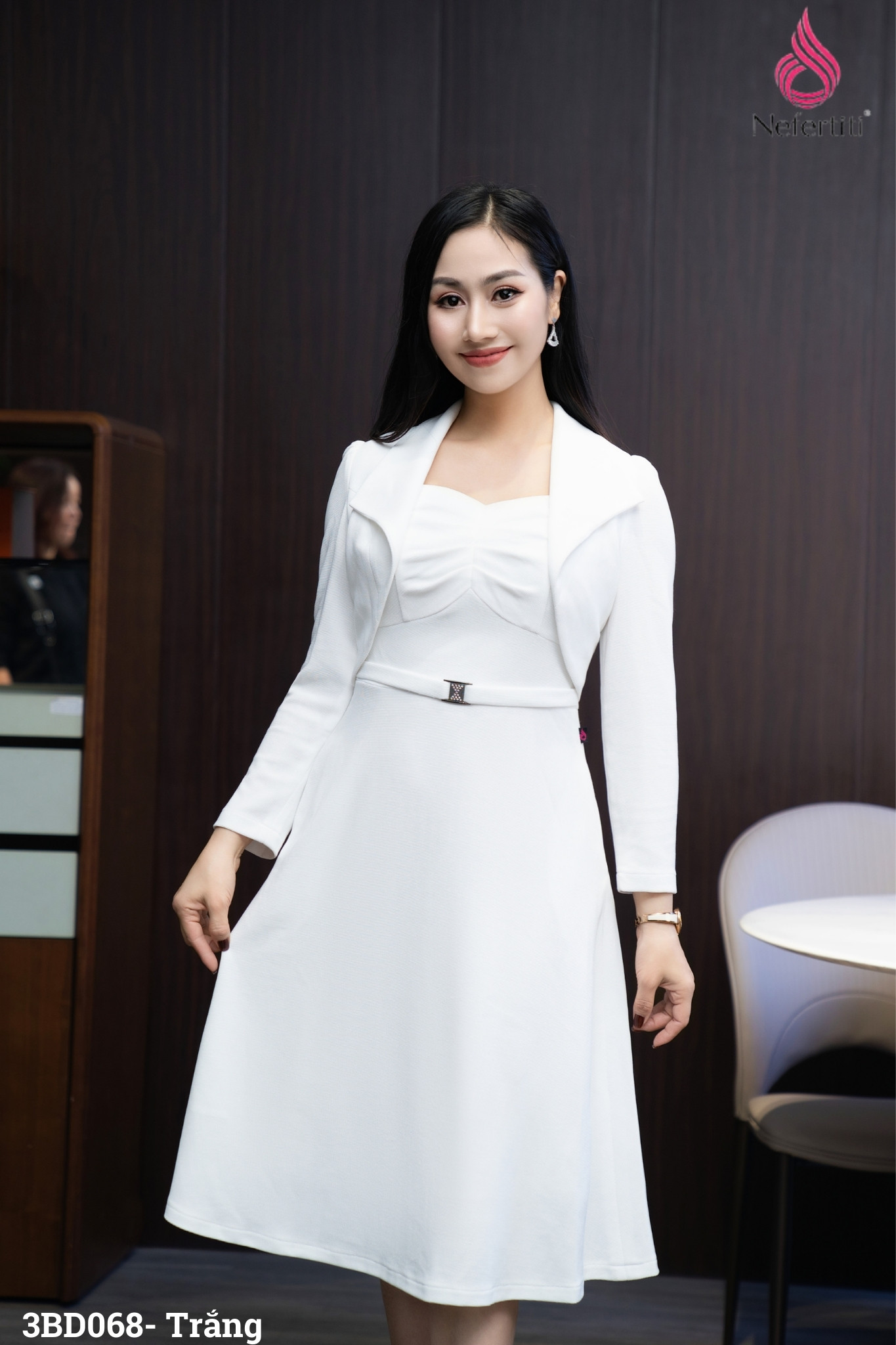 3BD068 - SÉT ĐẦM TRẮNG DÁNG XÒE + ÁO KHOÁC LỬNG TRẺ TRUNG