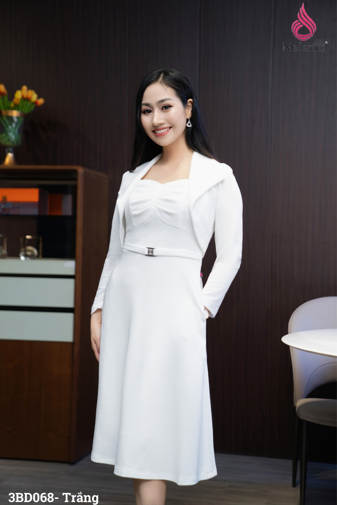 3BD068 - SÉT ĐẦM TRẮNG DÁNG XÒE + ÁO KHOÁC LỬNG TRẺ TRUNG