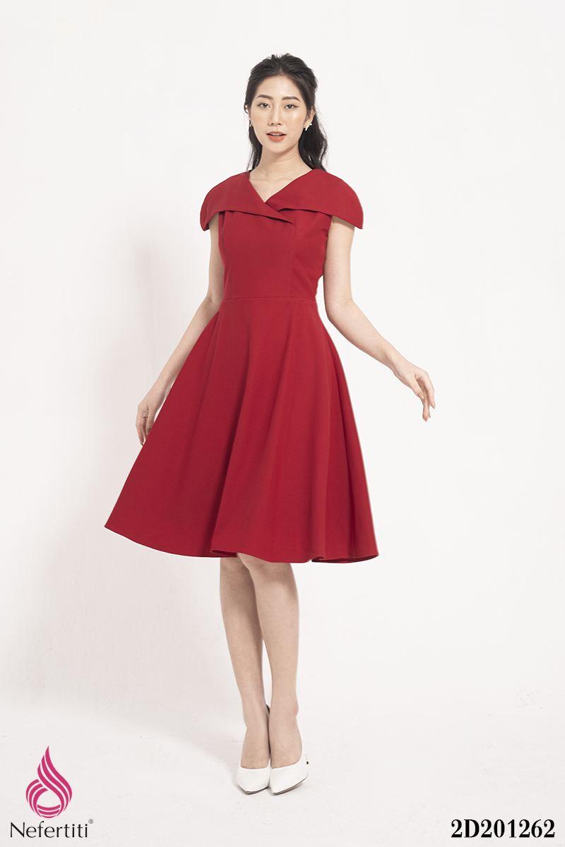 Đầm đỏ dự tiệc dáng xòe cổ sơ mi HL26-08 | Thời trang công sở K&K Fashion