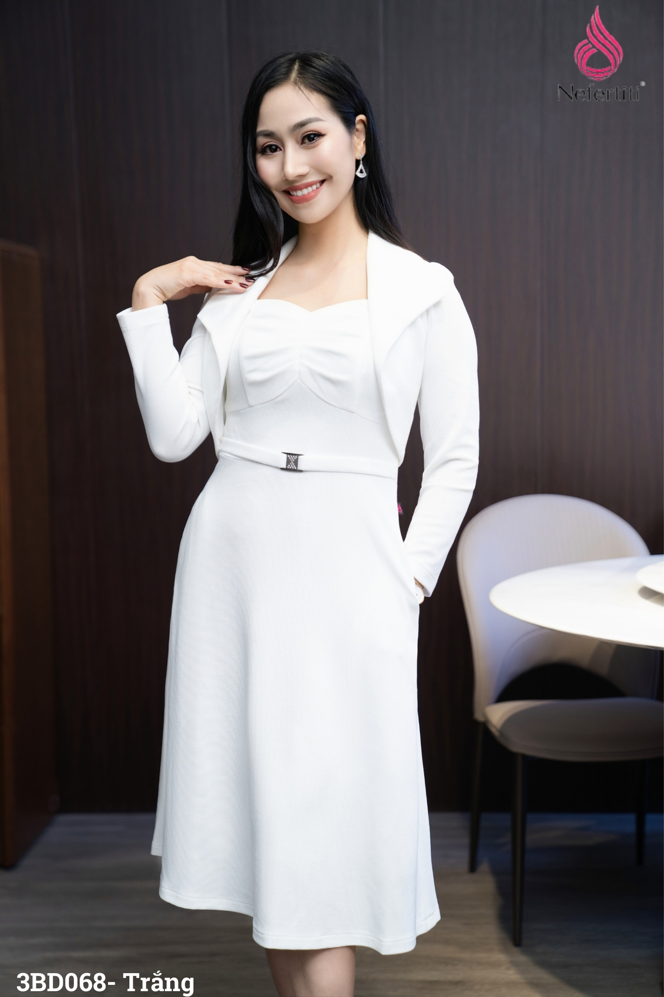 3BD068 - SÉT ĐẦM TRẮNG DÁNG XÒE + ÁO KHOÁC LỬNG TRẺ TRUNG