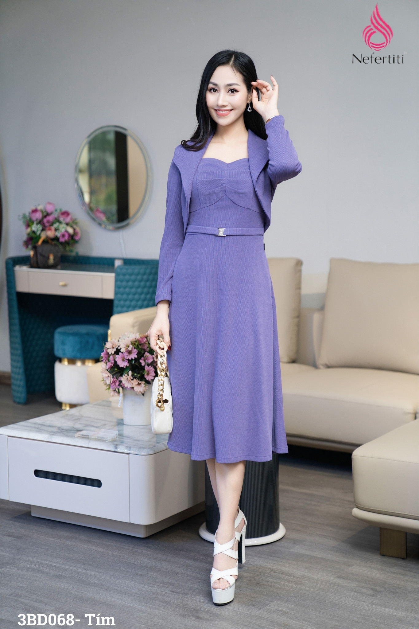 3BD068  - SÉT ĐẦM TÍM DÁNG XÒE + ÁO KHOÁC LỬNG TRẺ TRUNG