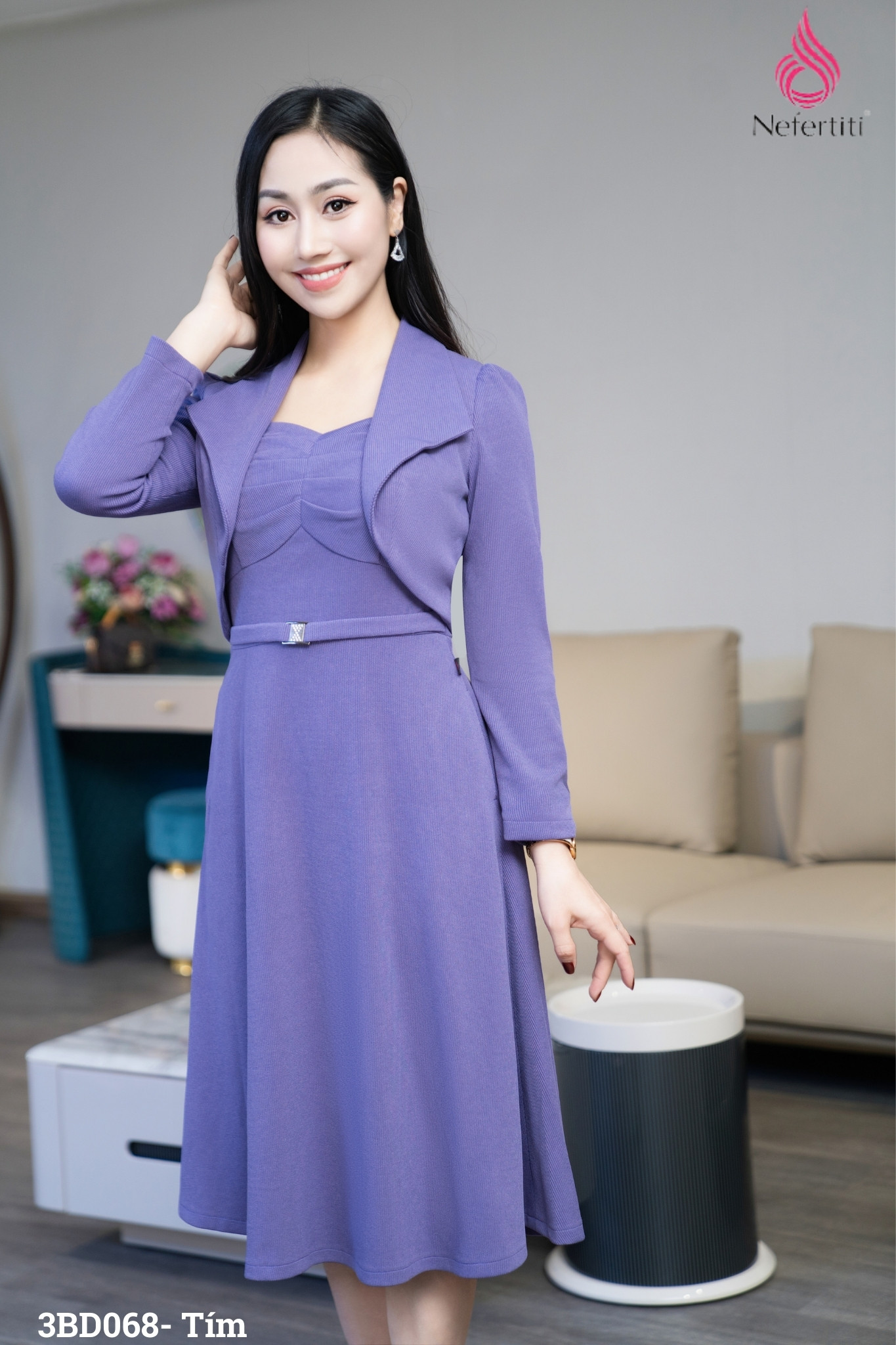 3BD068  - SÉT ĐẦM TÍM DÁNG XÒE + ÁO KHOÁC LỬNG TRẺ TRUNG