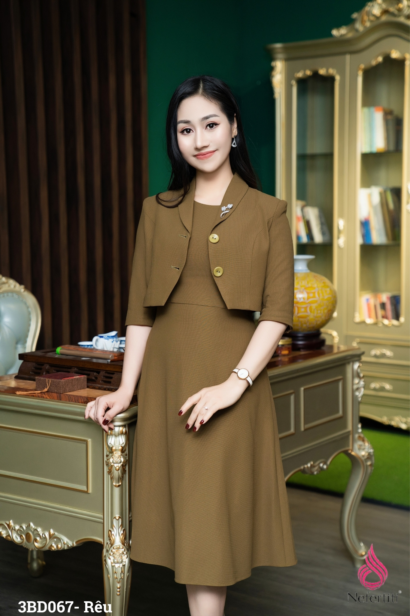 3BD067- SÉT ĐẦM RÊU DÁNG XÒE + ÁO VEST LỬNG THANH LỊCH