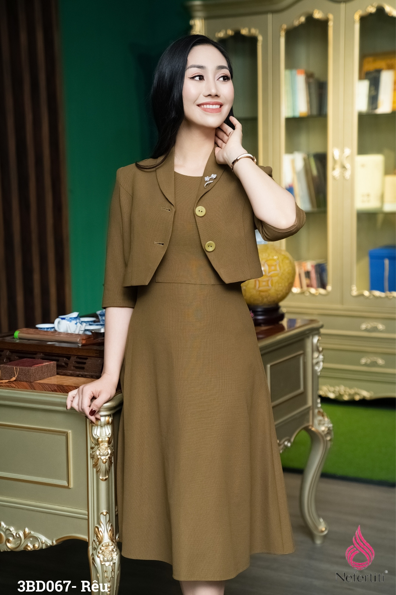 3BD067- SÉT ĐẦM RÊU DÁNG XÒE + ÁO VEST LỬNG THANH LỊCH