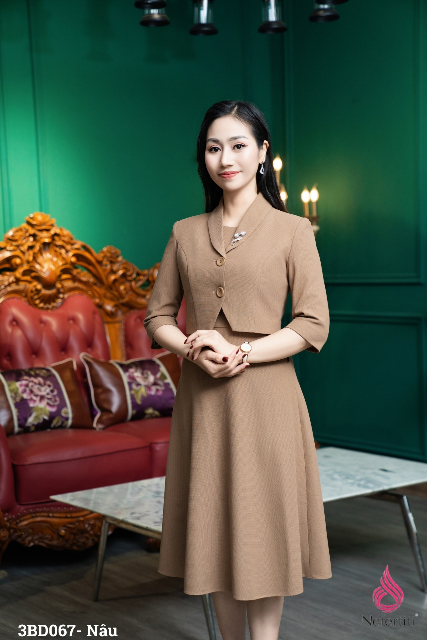 3BD067 - SÉT ĐẦM NÂU DÁNG XÒE + ÁO VEST LỪNG THANH LỊCH