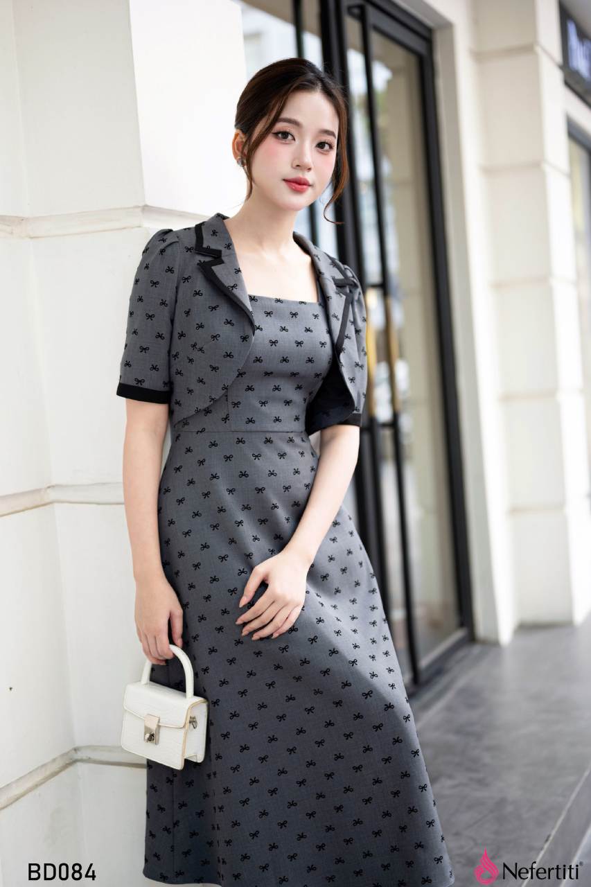 3BD084 - Bộ Đầm Họa Tiết Nơ Nhỏ Thanh Lịch