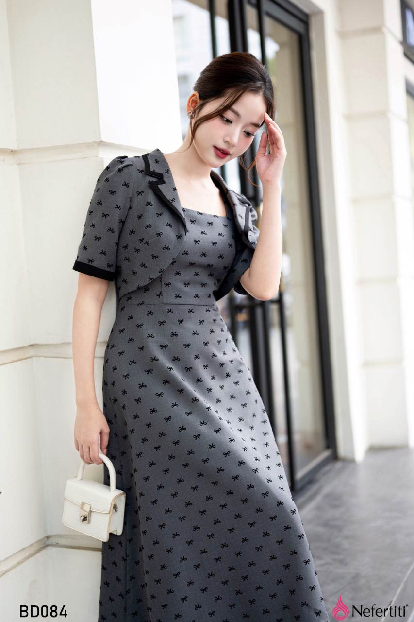 3BD084 - Bộ Đầm Họa Tiết Nơ Nhỏ Thanh Lịch