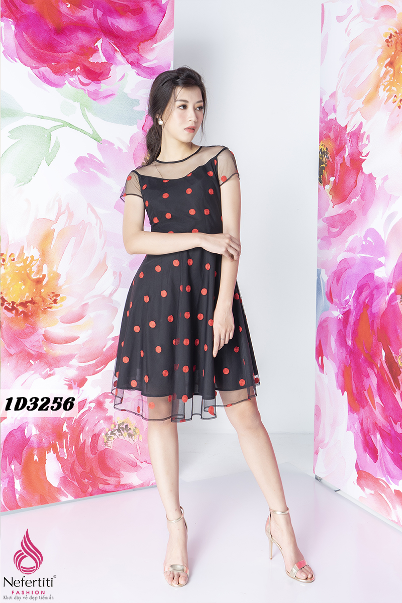 1D3256 - ĐẦM XÒE HỌA TIẾT CHẤM BI TRẺ TRUNG