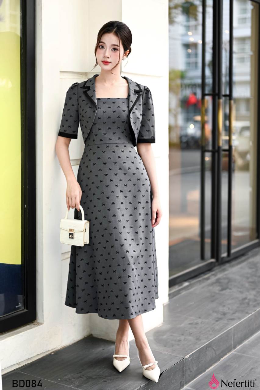 3BD084 - Bộ Đầm Họa Tiết Nơ Nhỏ Thanh Lịch