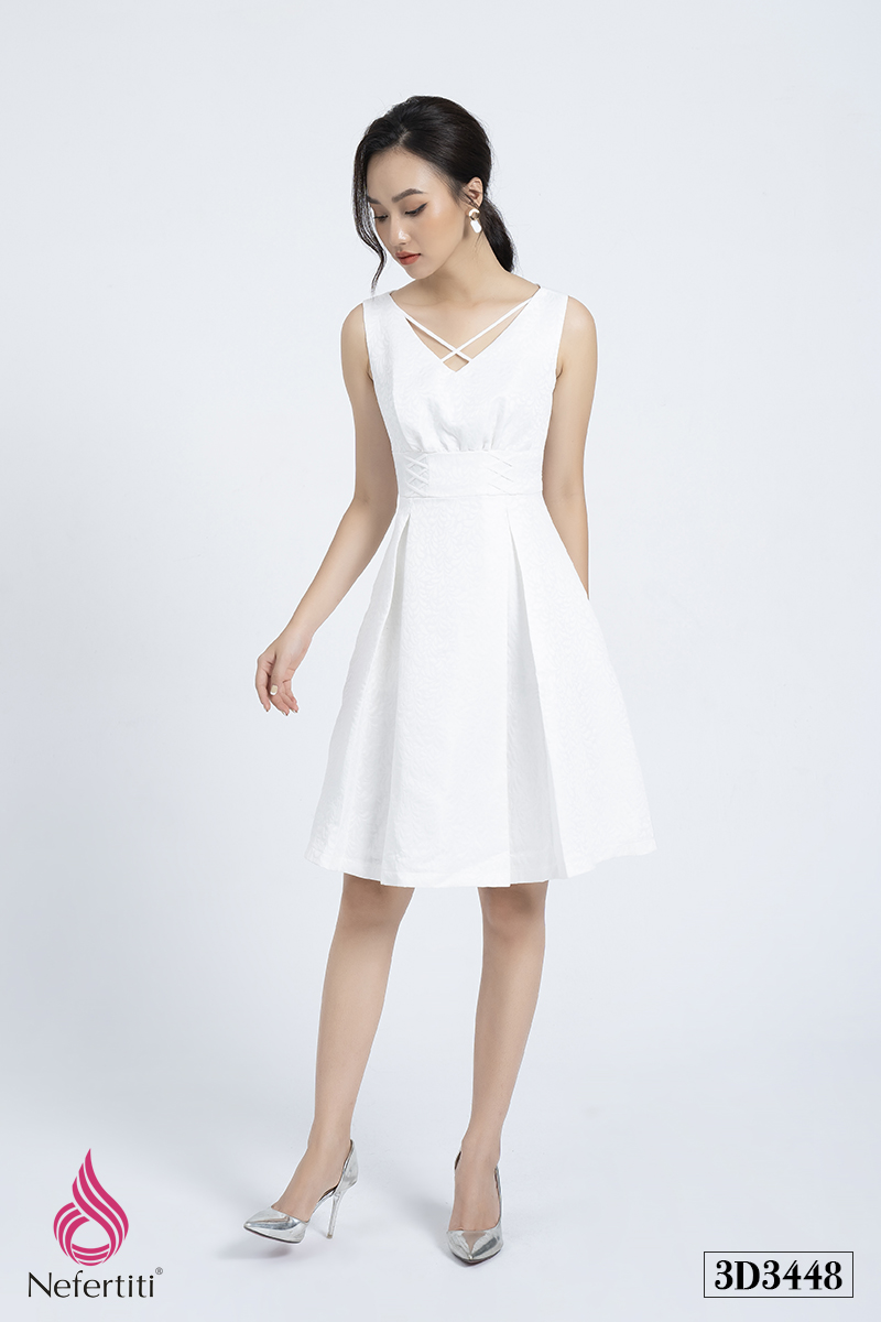 3D3448 - ĐẦM DÁNG XÒE CỔ ĐAN DÂY CÁCH ĐIỆU