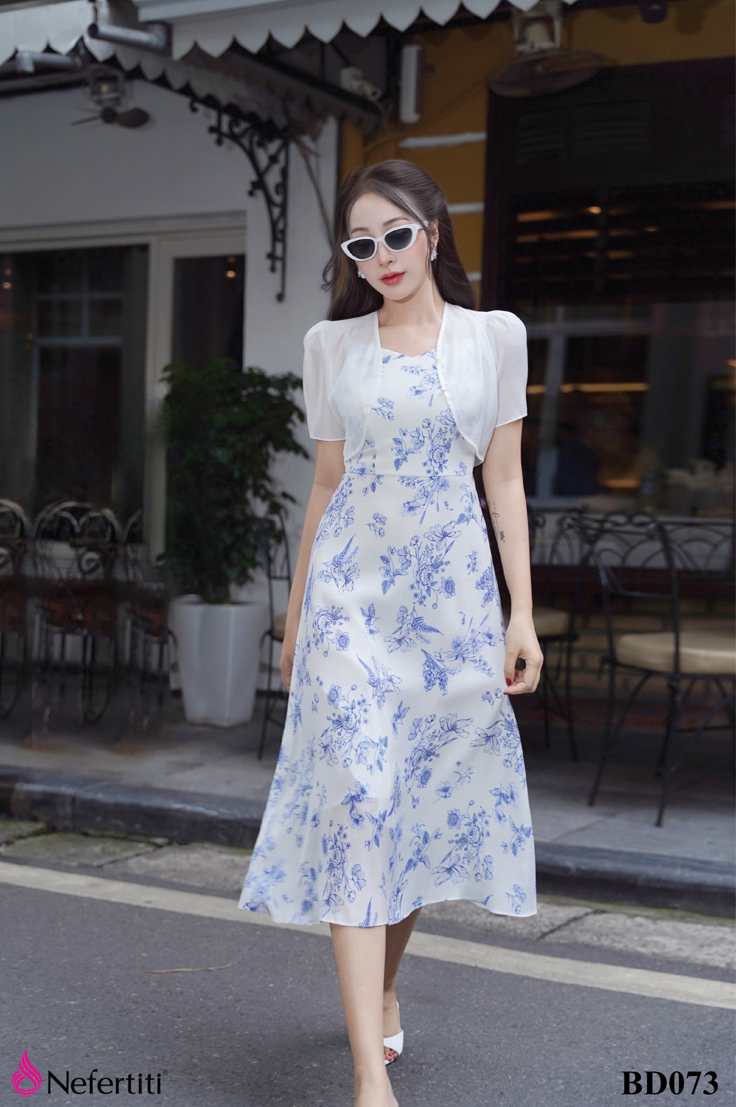 1BD073 - Sét đầm 2 dây dáng xòe + áo khoác lửng