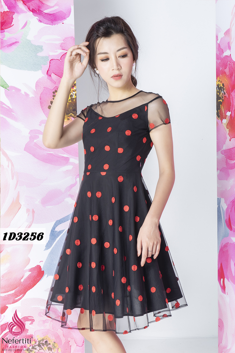 1D3256 - ĐẦM XÒE HỌA TIẾT CHẤM BI TRẺ TRUNG