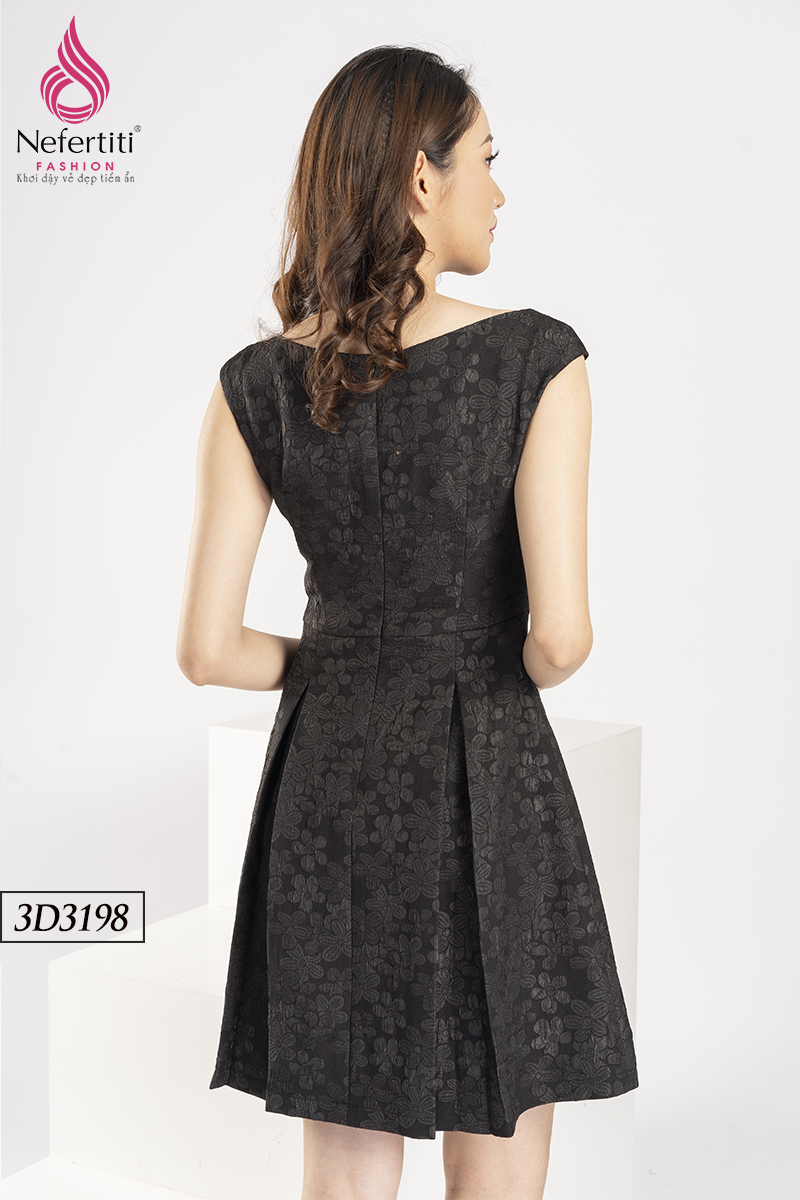 3D3198 - ĐẦM CỔ V DÁNG XÒE ĐÍNH HOA TRANG TRÍ