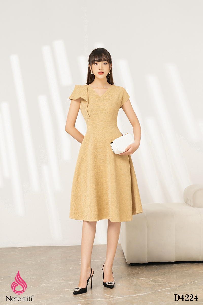 3D4224 - ĐẦM CỔ V VAI ĐẮP RỦ CÁCH ĐIỆU