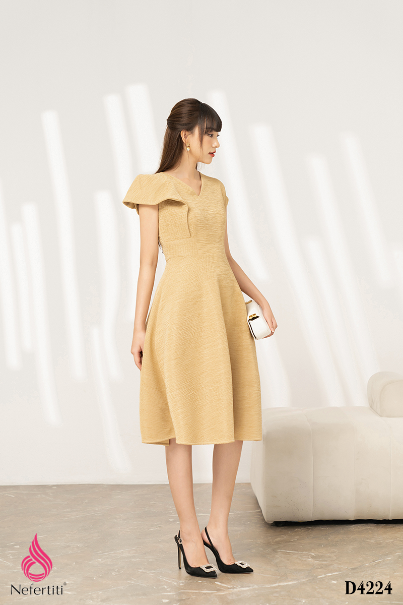 3D4224 - ĐẦM CỔ V VAI ĐẮP RỦ CÁCH ĐIỆU