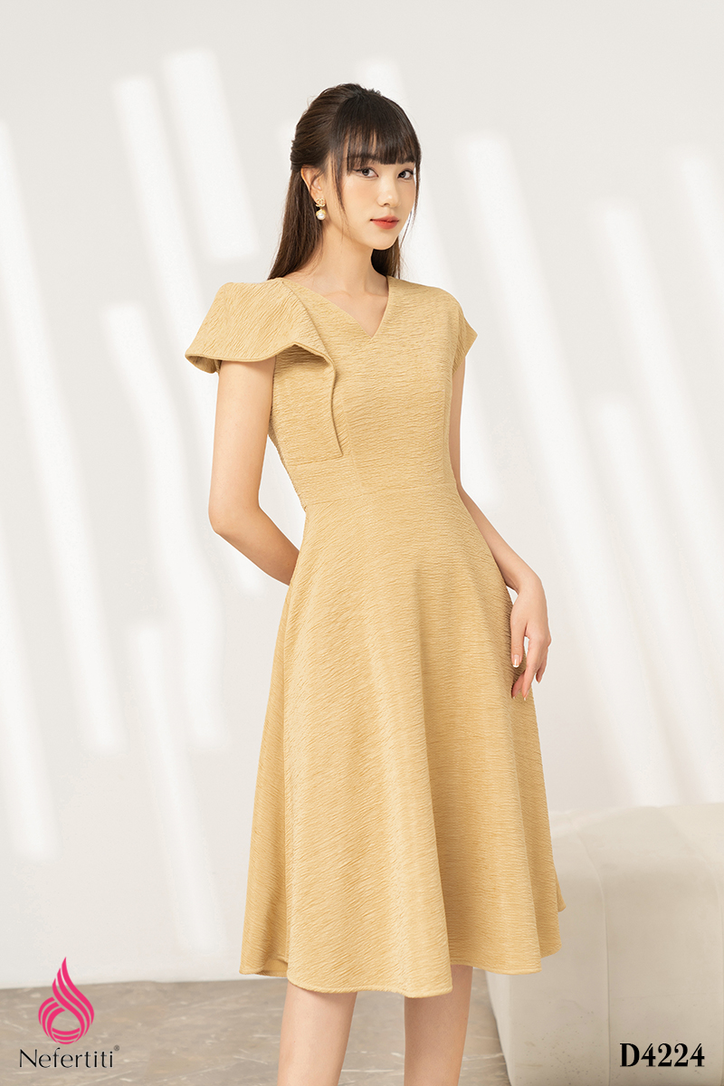 3D4224 - ĐẦM CỔ V VAI ĐẮP RỦ CÁCH ĐIỆU