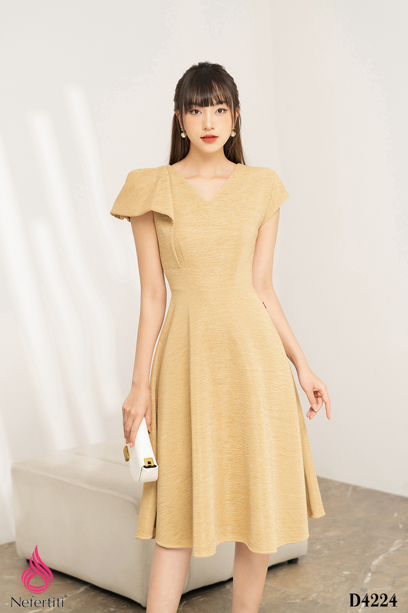 3D4224 - ĐẦM CỔ V VAI ĐẮP RỦ CÁCH ĐIỆU