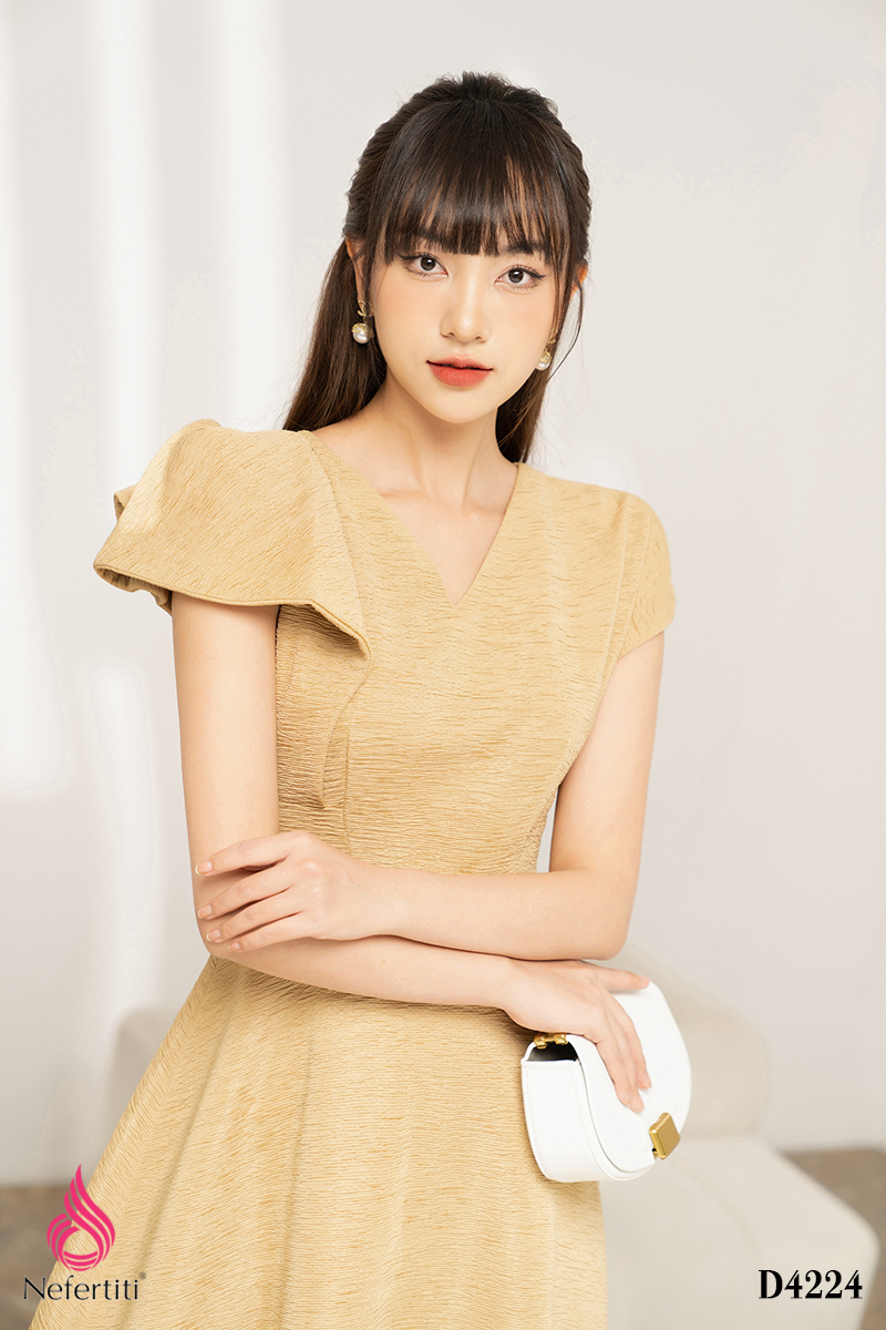 3D4224 - ĐẦM CỔ V VAI ĐẮP RỦ CÁCH ĐIỆU