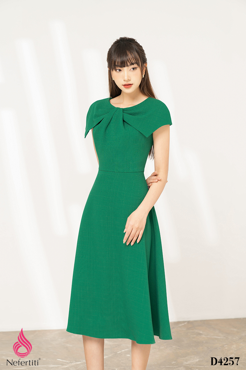 3D4257 - ĐẦM CỔ TRÒN XẾP NƠ CÁCH ĐIỆU