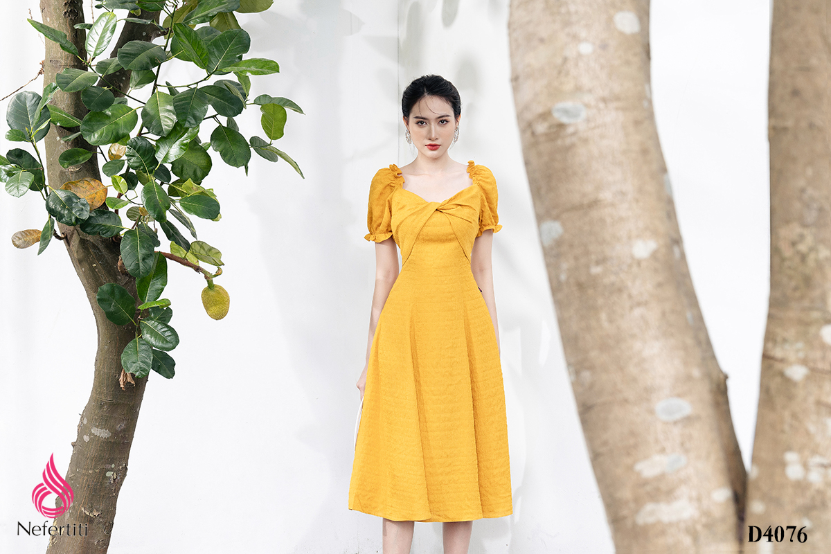 2D4076 - ĐẦM DÁNG XÒE NGỰC XẾP XOẮN CÁCH ĐIỆU