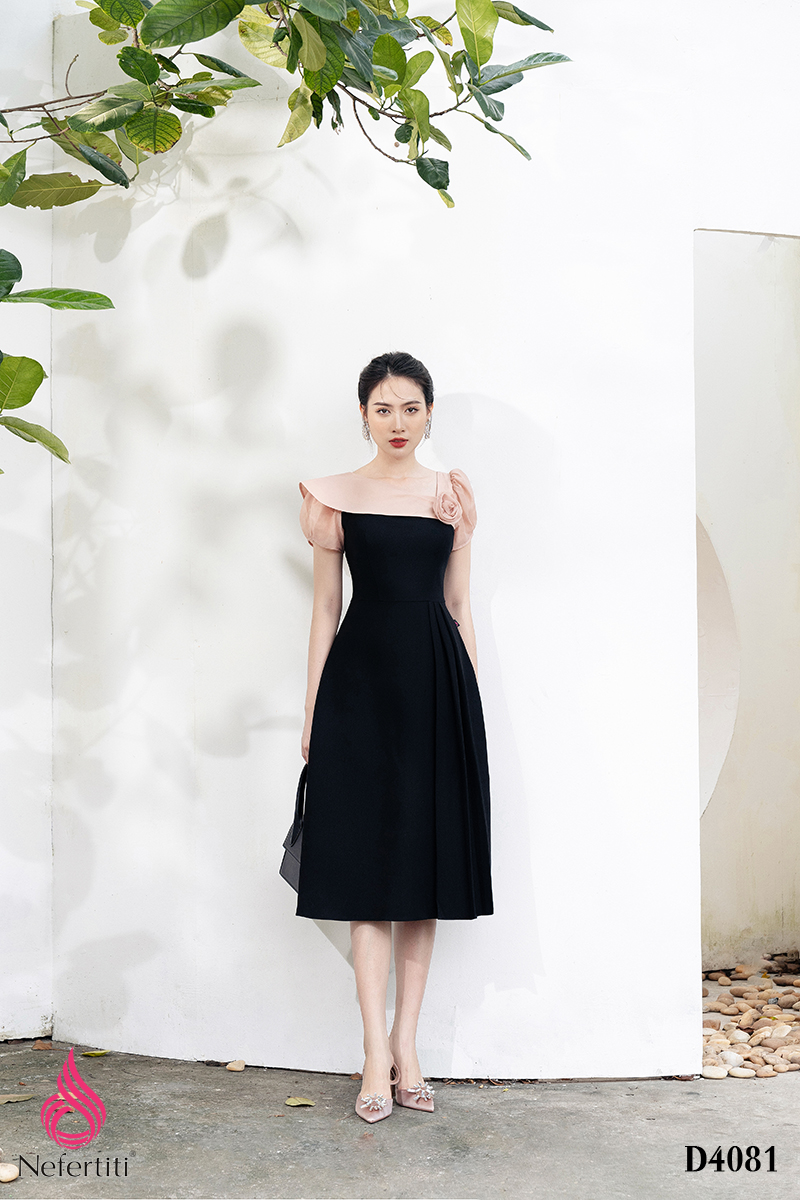 3D4081 - ĐẦM DÁNG XÒE TAY BỒNG ĐÍNH HOA 3D