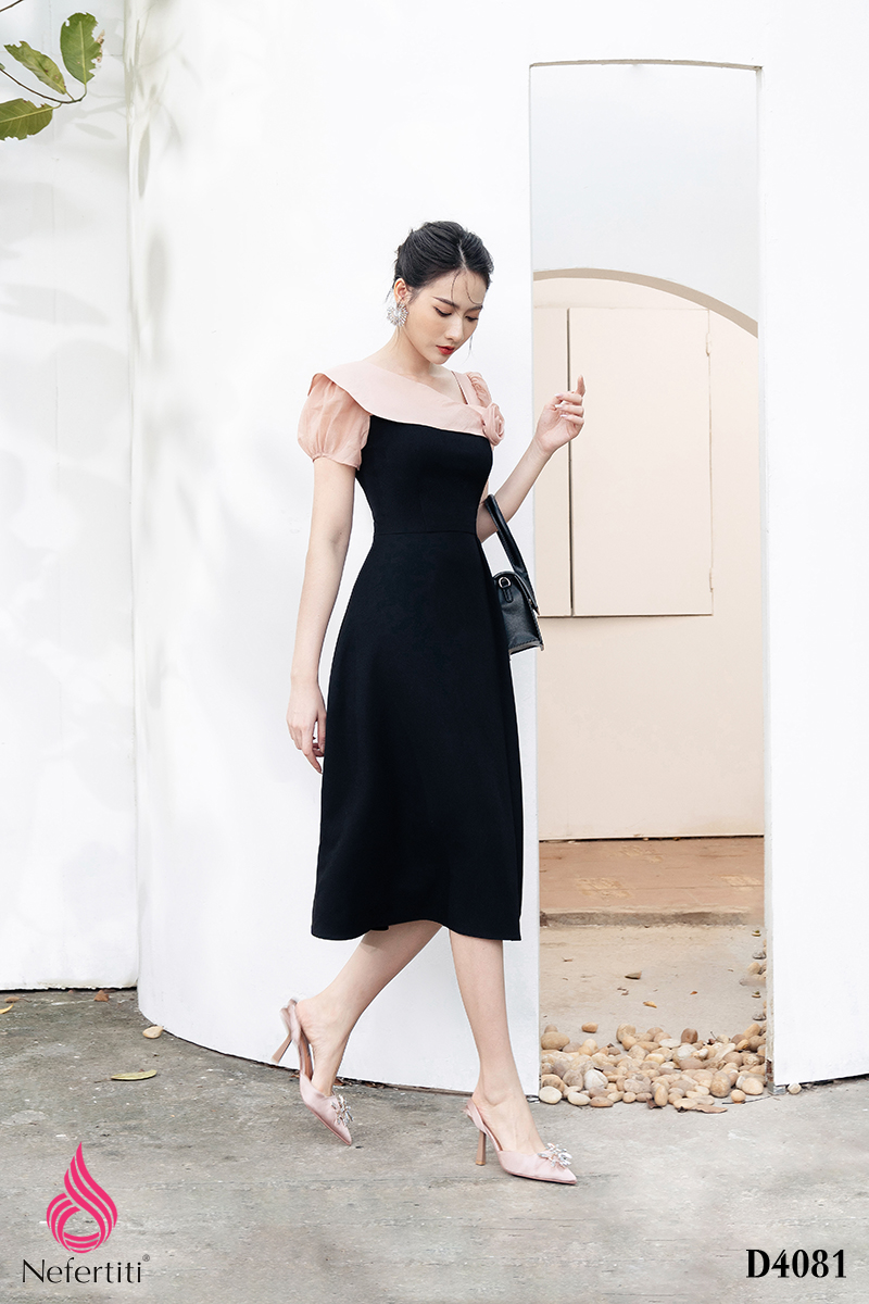 3D4081 - ĐẦM DÁNG XÒE TAY BỒNG ĐÍNH HOA 3D