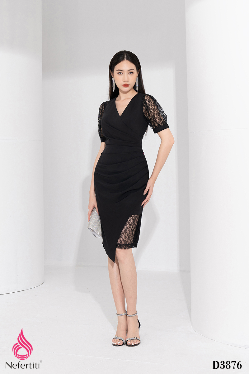 3D3876 - ĐẦM ĐEN VẠT CHÉO XẾP LI NHÚN CHE BỤNG