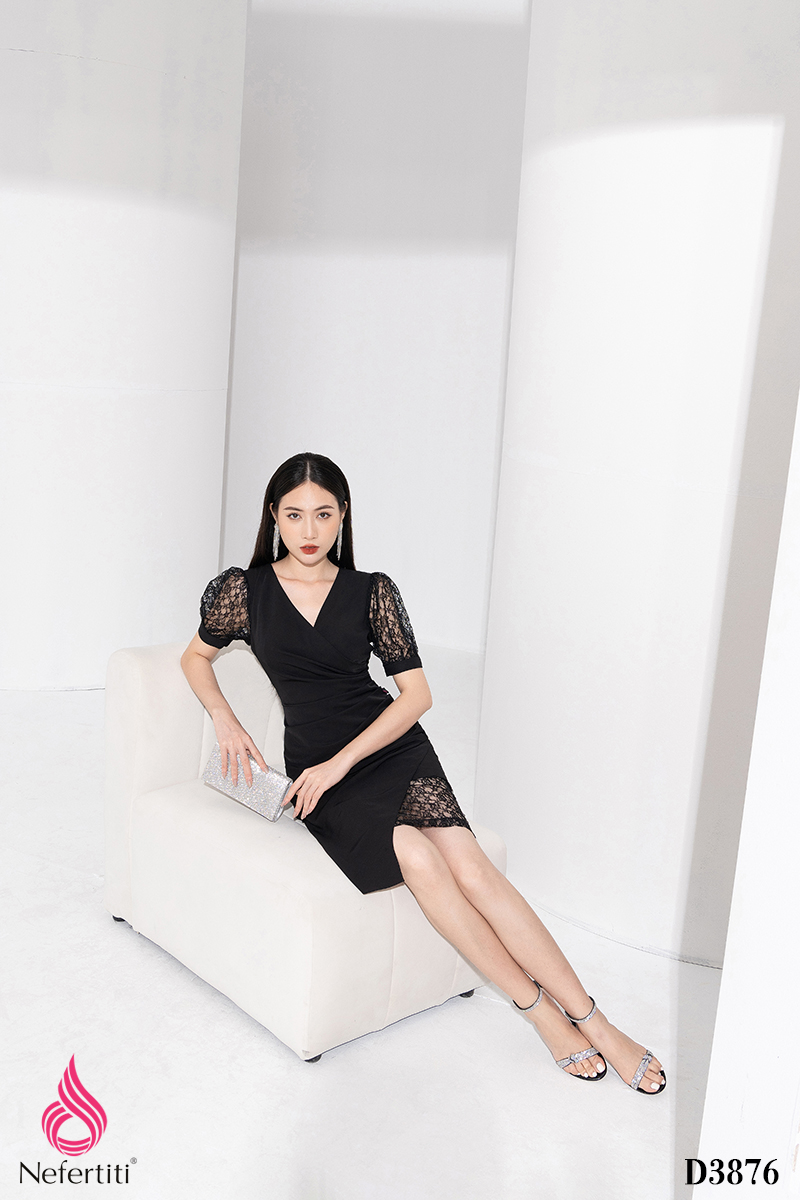 3D3876 - ĐẦM ĐEN VẠT CHÉO XẾP LI NHÚN CHE BỤNG