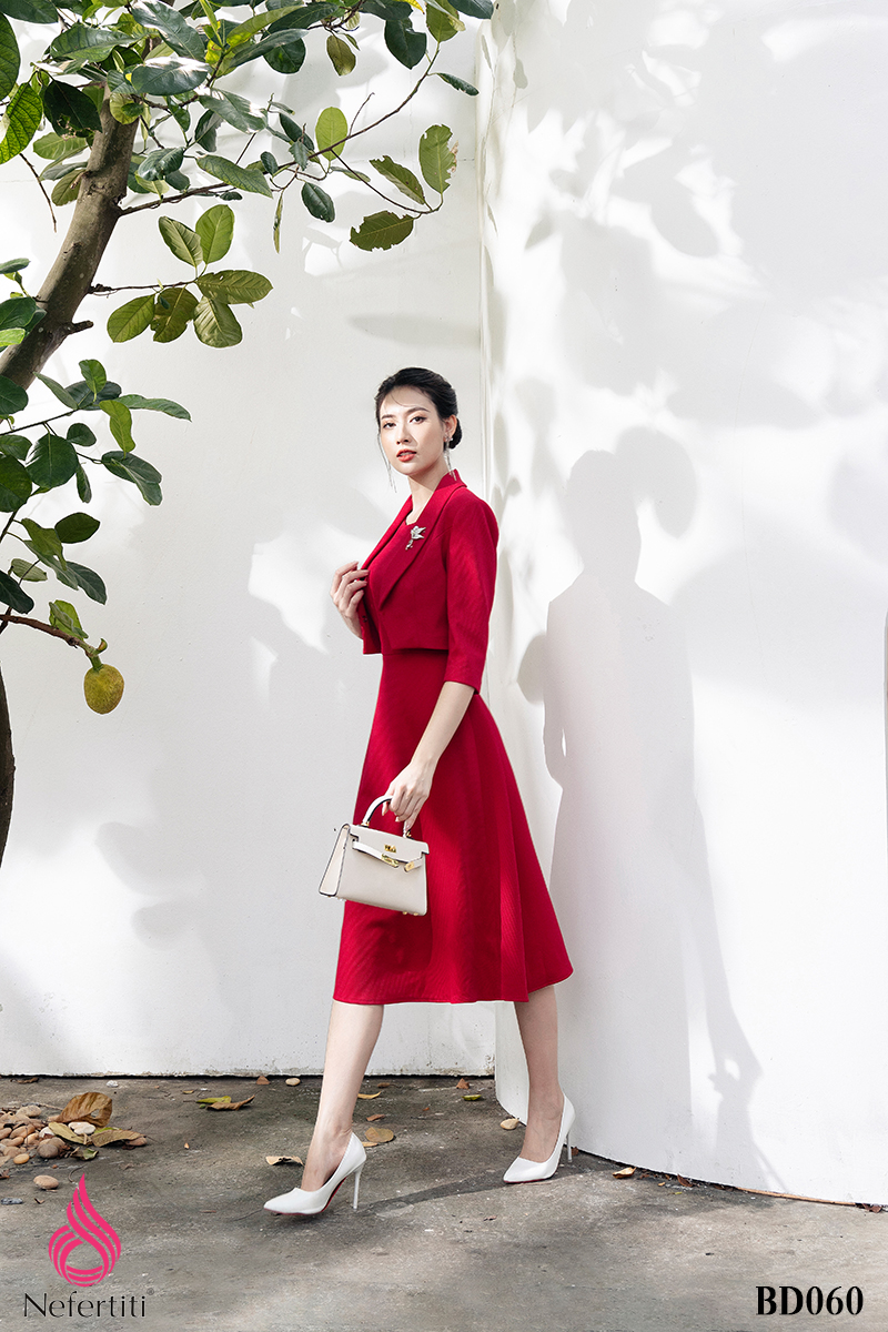 3BD060 - SET ĐẦM ĐỎ DÁNG XÒE + VEST LỬNG THANH LỊCH