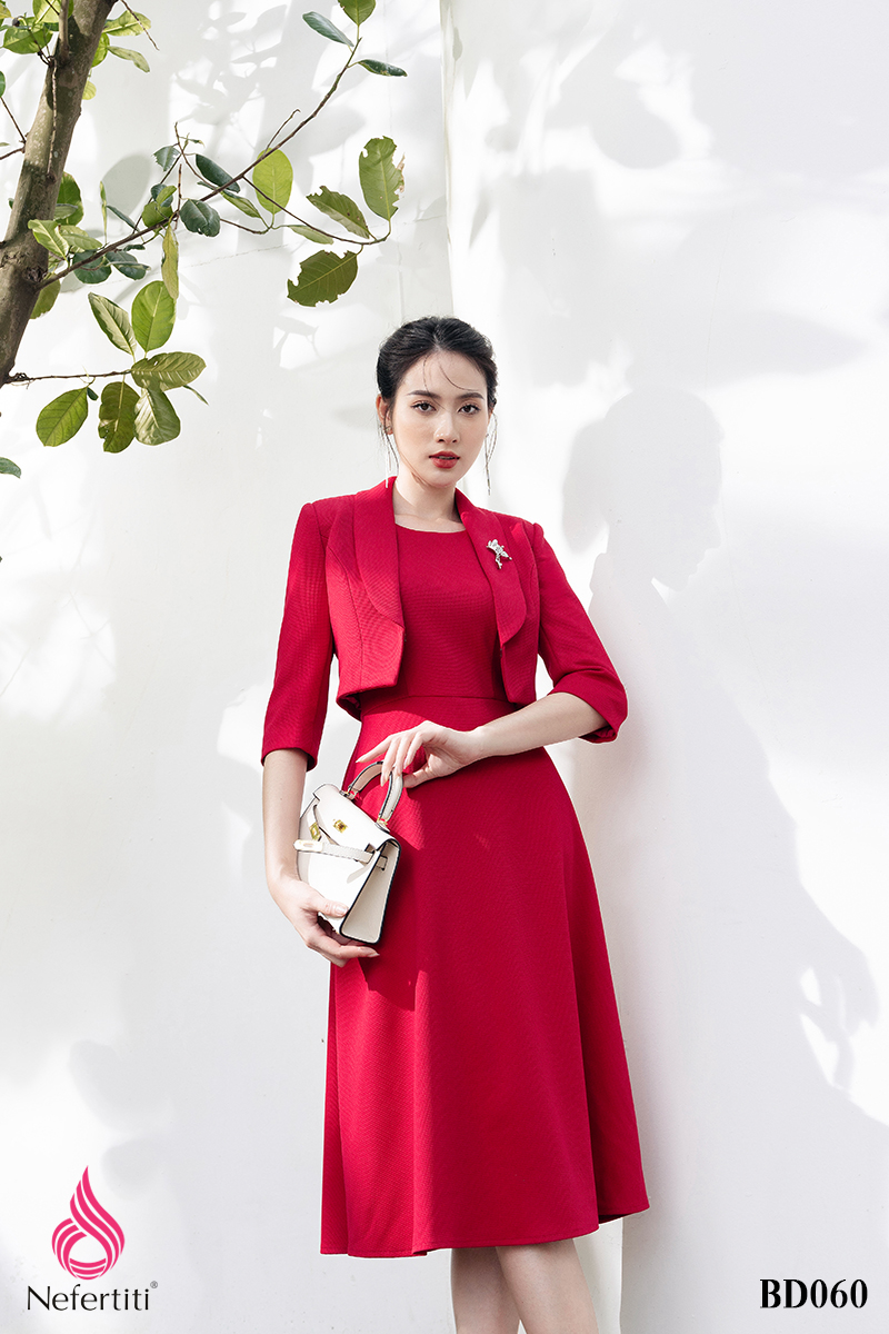 3BD060 - SET ĐẦM ĐỎ DÁNG XÒE + VEST LỬNG THANH LỊCH