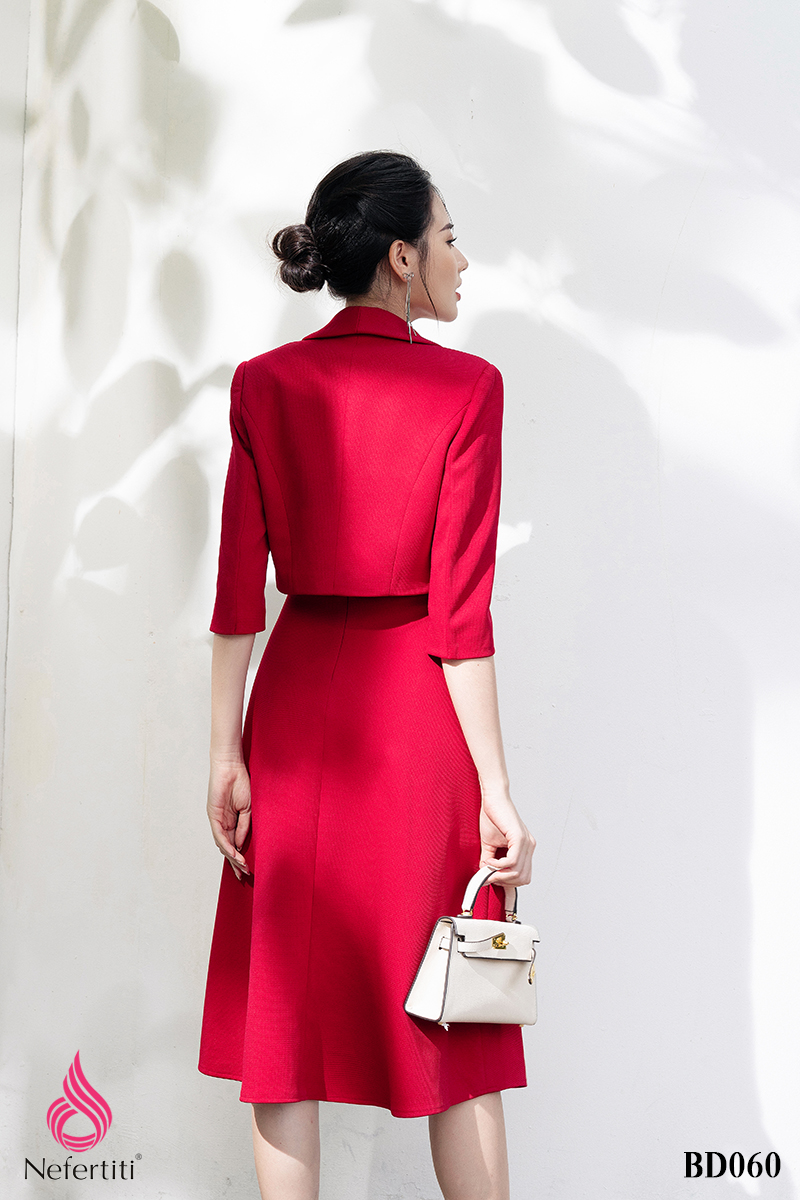 3BD060 - SET ĐẦM ĐỎ DÁNG XÒE + VEST LỬNG THANH LỊCH