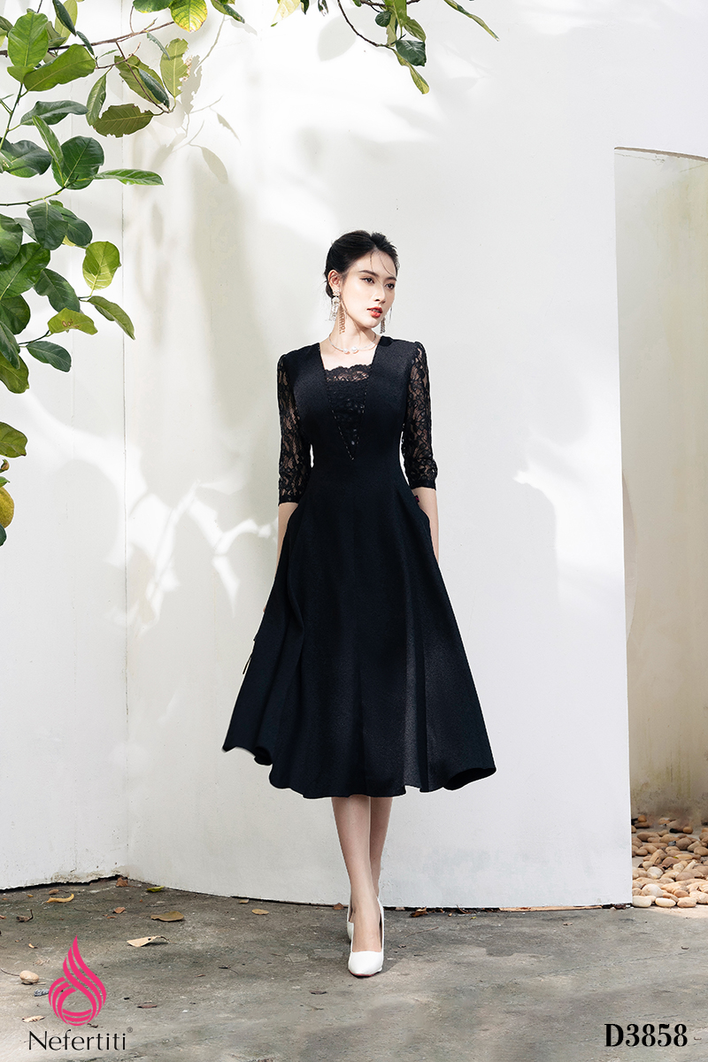 2D3858 - ĐẦM PHỐI REN DÁNG XÒE