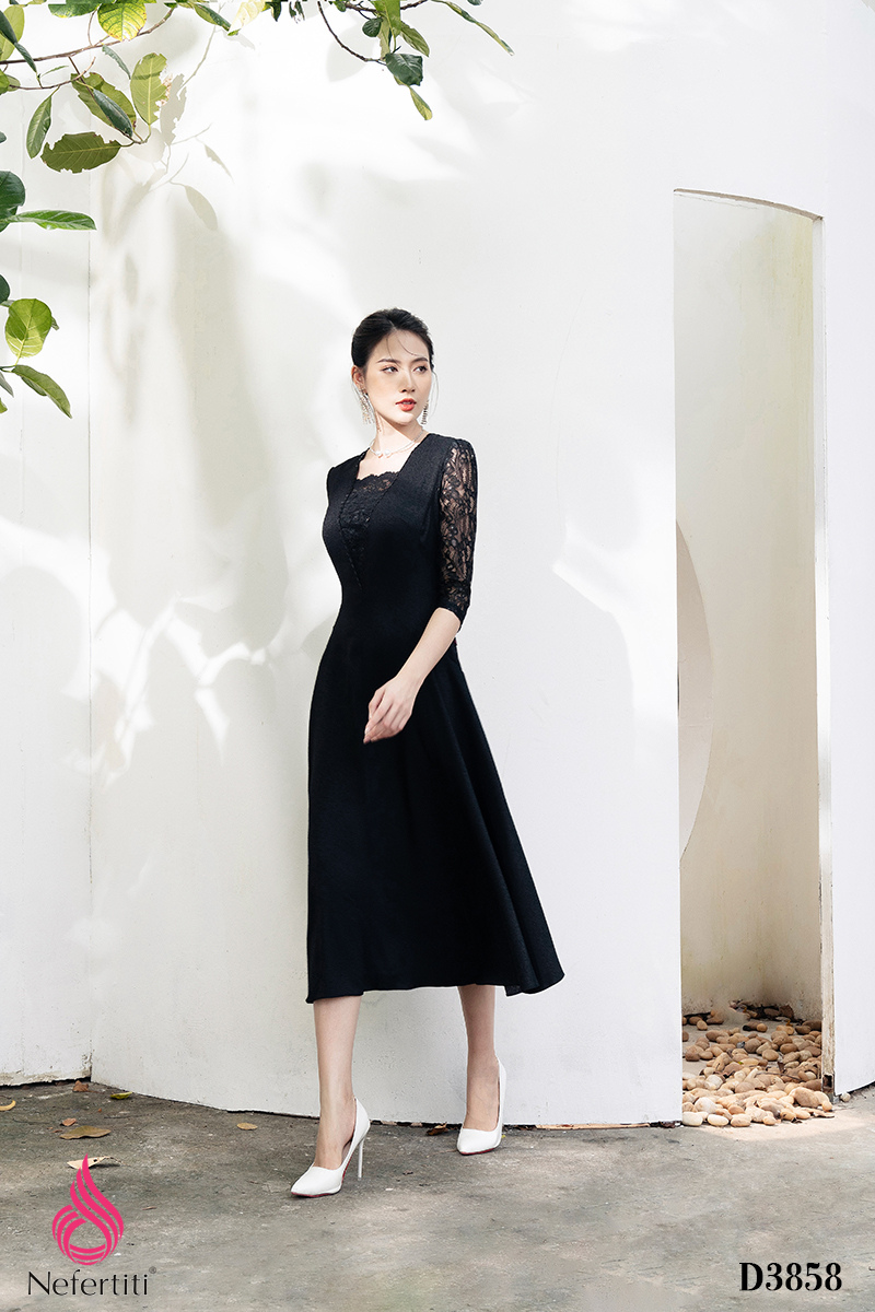 2D3858 - ĐẦM PHỐI REN DÁNG XÒE