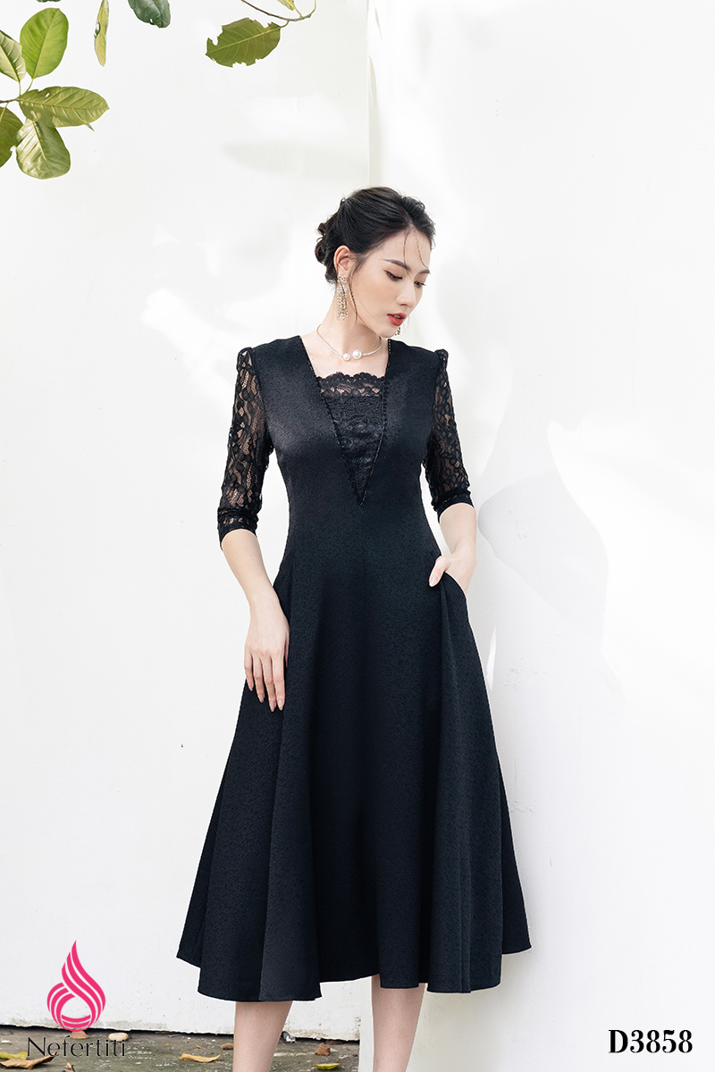 2D3858 - ĐẦM PHỐI REN DÁNG XÒE