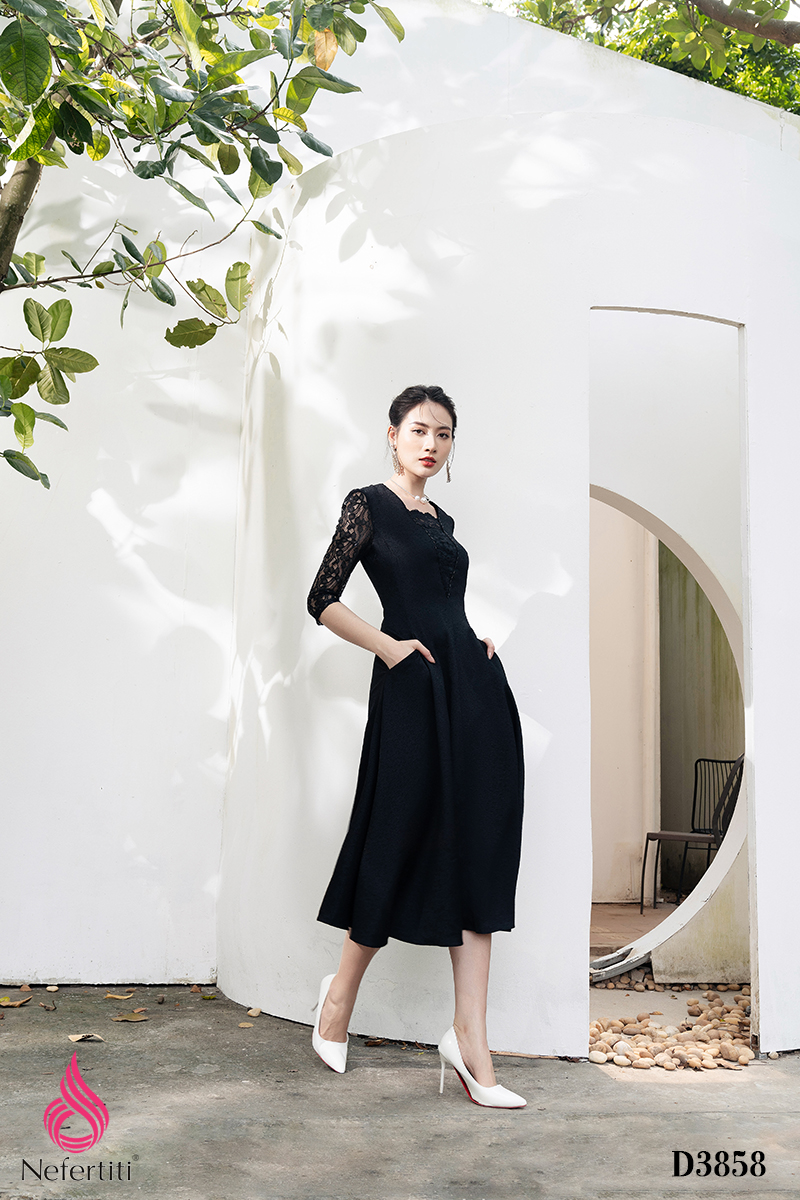 2D3858 - ĐẦM PHỐI REN DÁNG XÒE