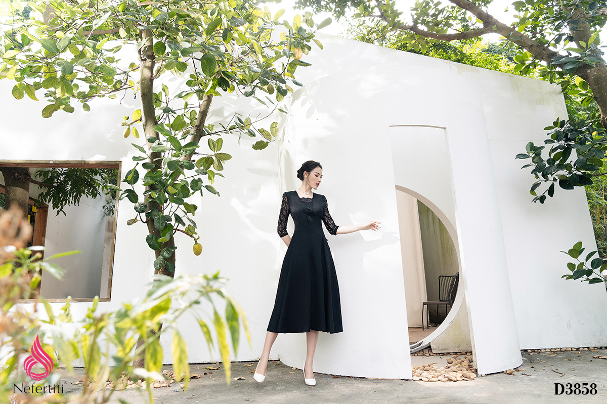 2D3858 - ĐẦM PHỐI REN DÁNG XÒE