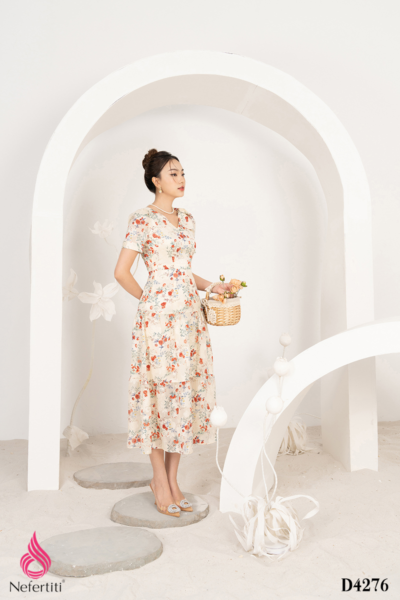 1D4276 - ĐẦM VOAN HỌA TIẾT HOA DÁNG XÒE