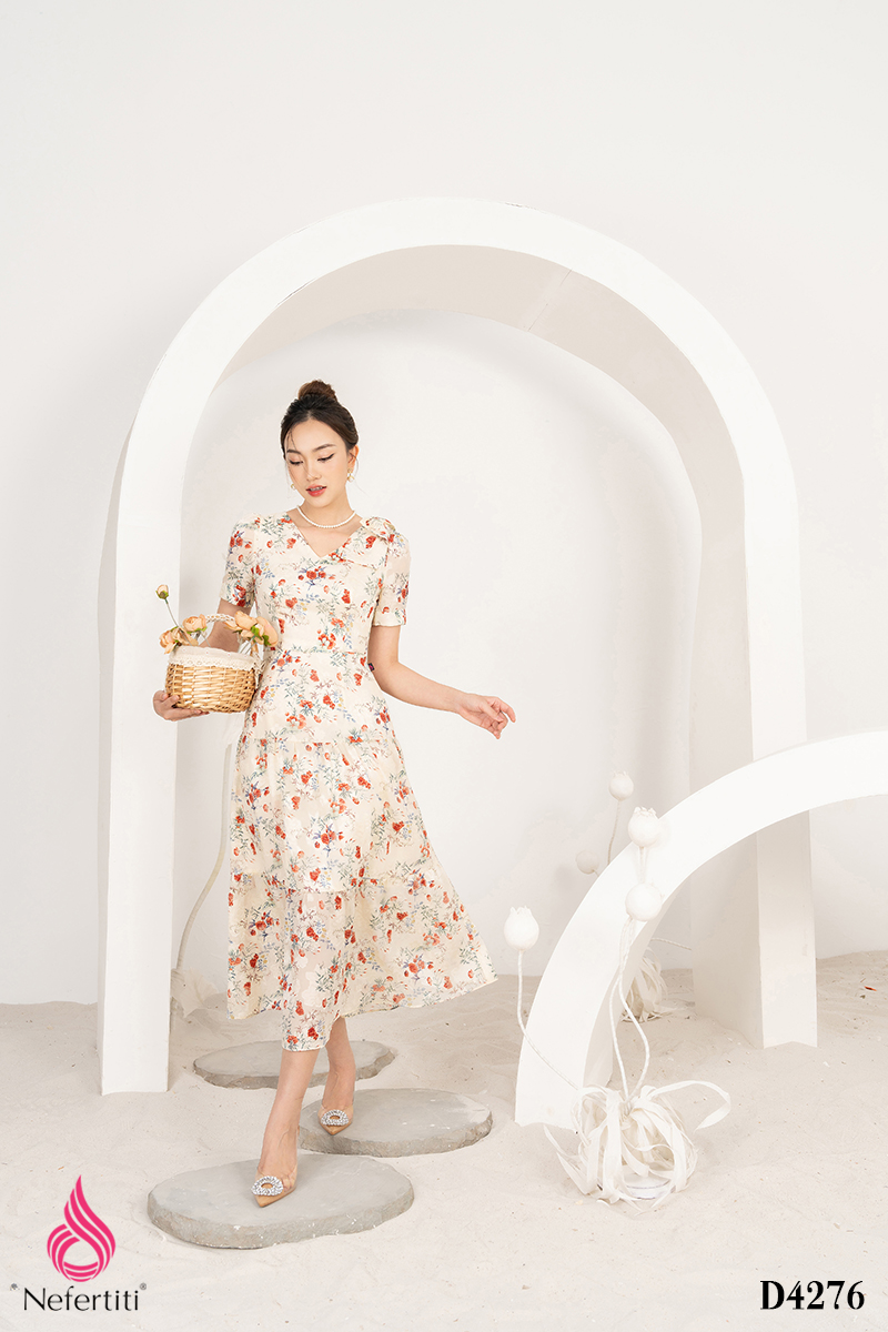 1D4276 - ĐẦM VOAN HỌA TIẾT HOA DÁNG XÒE