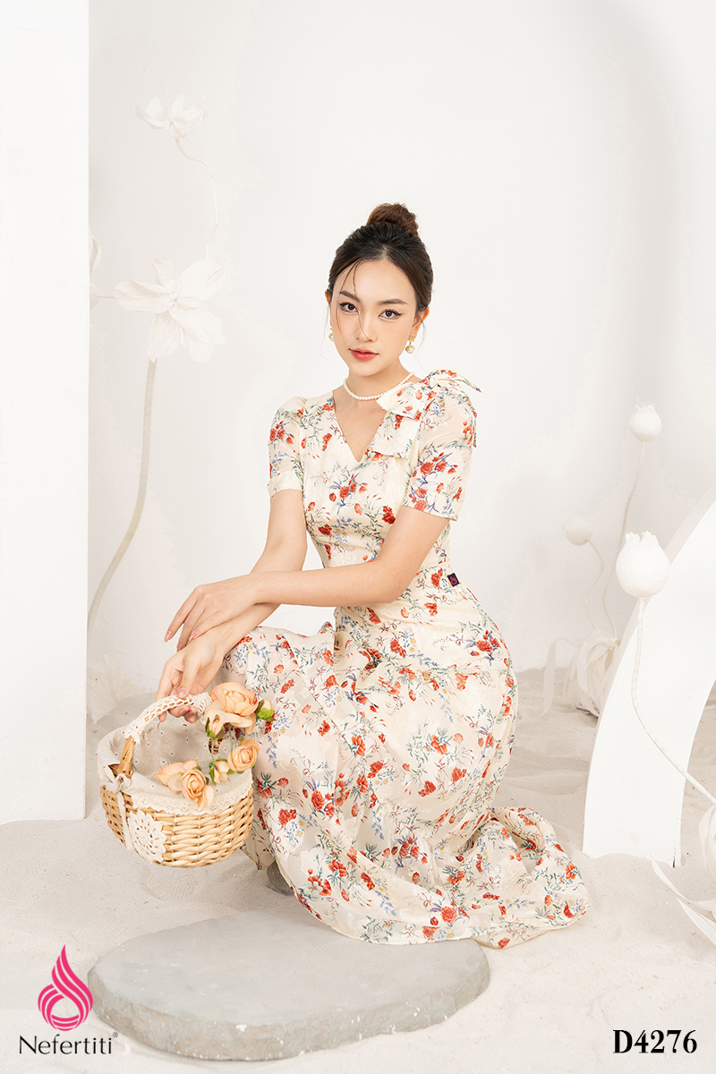 1D4276 - ĐẦM VOAN HỌA TIẾT HOA DÁNG XÒE