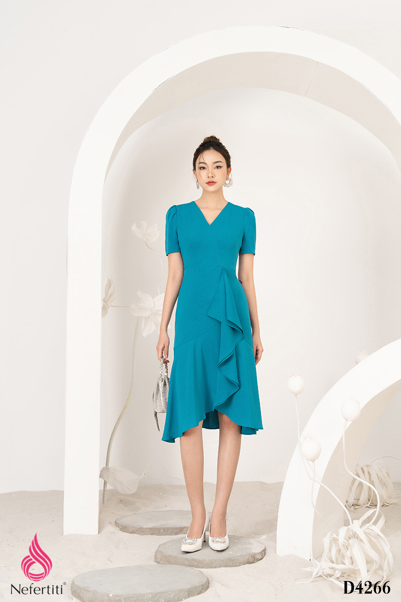 1D4266 - ĐẦM LỤA XẾP NHÚN VẠT CHÉO