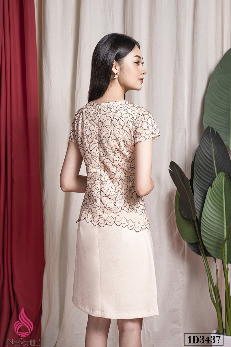 3D3437 - ĐẦM PHỐI REN NƠ CỔ