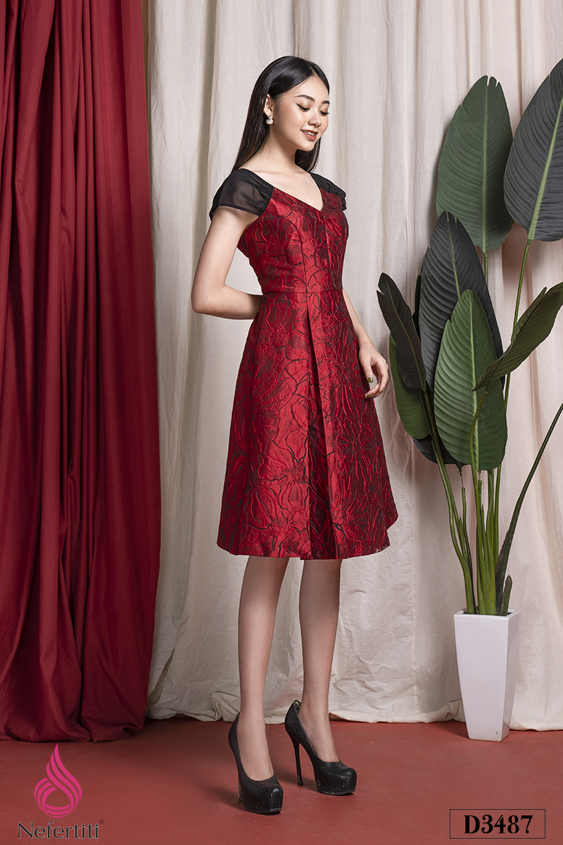 3D3487 - ĐẦM ĐỎ CỔ V