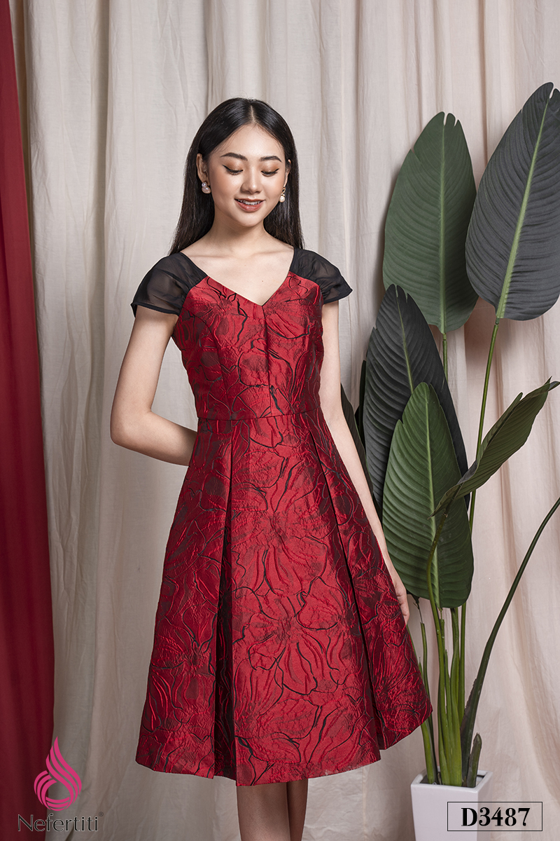 3D3487 - ĐẦM ĐỎ CỔ V