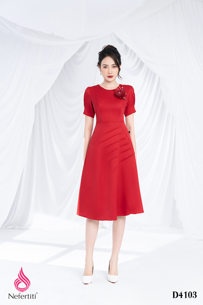 3D4103 - ĐẦM ĐỎ ĐÍNH HOA TRANG TRÍ