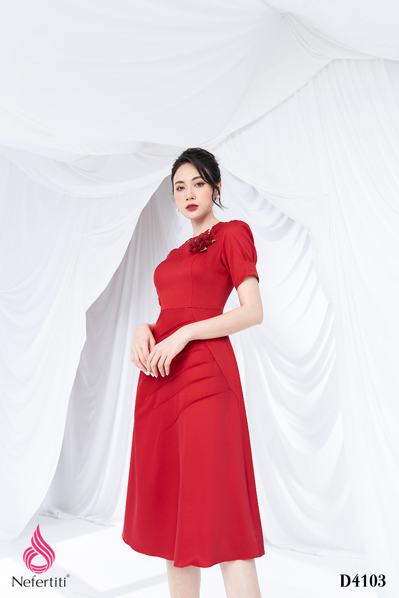 3D4103 - ĐẦM ĐỎ ĐÍNH HOA TRANG TRÍ