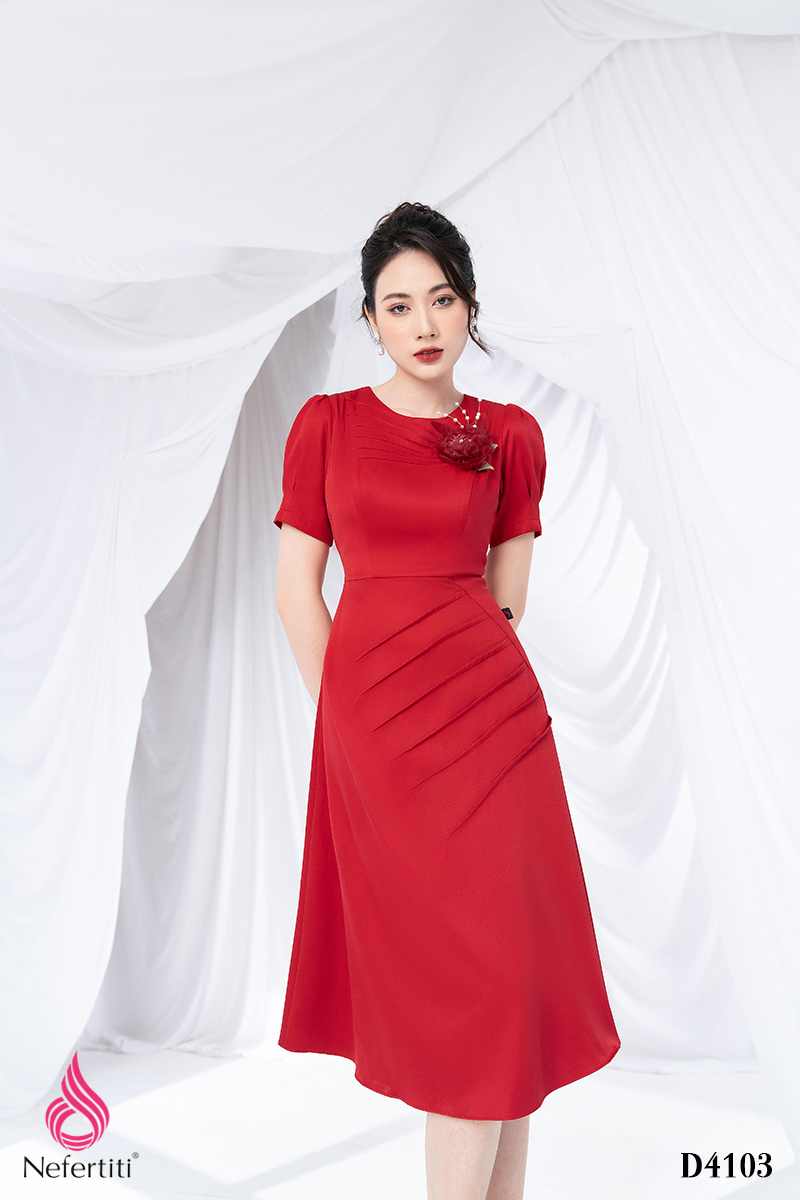 3D4103 - ĐẦM ĐỎ ĐÍNH HOA TRANG TRÍ